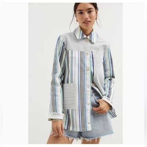 Maeve by Anthropologie Denim Shirt Jacket White Blue & Black Stripes medium - Picture 1 of 8